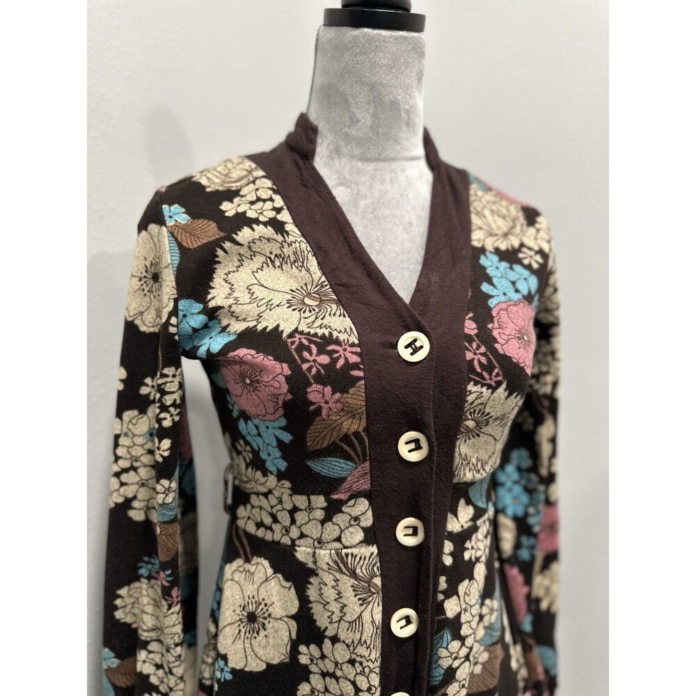 Funky People Dress Brown Small Sweater Knit Boho Abstract Floral Button Up 90s